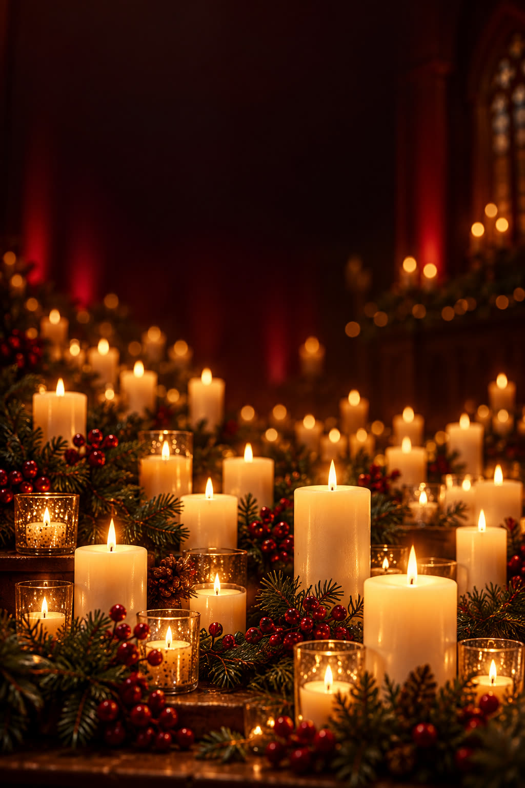 Glowing candles surrounded by Christmas greenery
